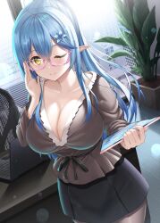 Rule 34 | 1girl, absurdres, ahoge, backlighting, bespectacled, blue hair, breasts, building, chair, cleavage, collarbone, computer, desk, glasses, hair between eyes, heart, heart ahoge, highres, holding, holding tablet pc, hololive, indoors, laptop, large breasts, long hair, office, office lady, one eye closed, pink-framed eyewear, plant, pointy ears, potted plant, smile, solo, sunlight, tablet pc, uehiro, virtual youtuber, window, yellow eyes, yukihana lamy