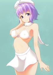 Rule 34 | 1girl, aqua background, bad id, bad pixiv id, bikini, bikini top only, blue eyes, breasts, closed mouth, covered erect nipples, cowboy shot, hand on own cheek, hand on own face, hat, head tilt, highres, letty whiterock, looking at viewer, medium breasts, navel, o-ring, o-ring top, purple hair, smile, solo, sparkle, swimsuit, thigh gap, touhou, white bikini, white hat, yani (nokori life1)