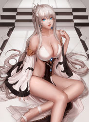 Rule 34 | 1girl, absurdres, bare legs, bare shoulders, black panties, blue eyes, breasts, cleavage, collarbone, commentary request, detached sleeves, dungeon and fighter, earrings, feet out of frame, female gunner (dungeon and fighter), hair ornament, hand up, high heels, highres, jewelry, korean commentary, large breasts, lips, long hair, long sleeves, looking at viewer, monaim, panties, parted lips, revealing clothes, shoes, silver hair, sitting, sleeves past wrists, solo, stairs, stomach, thighs, underwear, very long hair, white footwear, wide sleeves