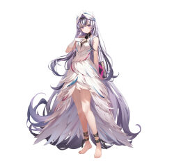 Rule 34 | 1girl, absurdres, ankle cuffs, bare legs, bare shoulders, barefoot, black choker, black hair, book, breasts, chain, choker, commentary request, copyright name, cuffs, dress, feather hair ornament, feathers, fire emblem, fire emblem engage, fire emblem heroes, gloves, grey hair, hair ornament, highres, holding, holding book, kanda done, long hair, looking at viewer, multicolored hair, nintendo, official art, purple eyes, small breasts, smile, solo, thighs, two-tone hair, very long hair, veyle (fire emblem), wavy hair, white gloves