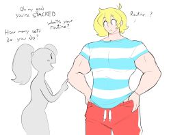 Rule 34 | 1boy, 1girl, androgynous, anon, blonde hair, cassie (theycallhimcake), eyelashes, genderswap, genderswap (ftm), hand on own hip, height difference, highres, looking at another, looking down, looking up, male focus, muscular, original, ponytail, scar, shirt, shorts, smile, source request, standing, striped clothes, striped shirt, sweatdrop, theycallhimcake, white background