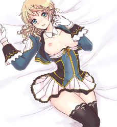 Rule 34 | 10s, 1girl, alisha diphda, aqua eyes, black thighhighs, blonde hair, blush, breasts, breasts out, censored, coat, detached collar, earrings, frills, gloves, gradient background, jewelry, long hair, lying, no panties, ponytail, princess, ribbon, skirt, tales of (series), tales of zestiria, thighhighs, zettai ryouiki