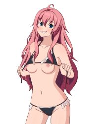 Rule 34 | 1girl, absurdres, ahoge, alternate costume, bikini, blue eyes, breasts, commission, commissioner upload, dies irae, flashing, frilled bikini, frills, highres, long hair, looking at viewer, nipples, pink hair, rusalka schwagerin, s0ft, shinza bansho series, small breasts, smile, smug, solo, swimsuit, tagme