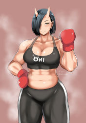 Rule 34 | 1girl, abs, bare shoulders, black hair, boxing gloves, breasts, cleavage, collarbone, commentary request, cowboy shot, dated, earrings, elf-san wa yaserarenai., fang, hair over one eye, horns, jewelry, large breasts, leggings, muscular, muscular female, oga (elf-san wa yaserarenai.), ogre, oni, pointy ears, shibusun, short hair, smile, solo, sports bra, sportswear, standing, sweat, twitter username, yellow eyes
