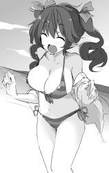 Rule 34 | 1girl, ^ ^, bare shoulders, bikini, breasts, cleavage, closed eyes, front-tie top, greyscale, hair ribbon, halterneck, himekaidou hatate, kamukamu (ars), large breasts, long hair, monochrome, open mouth, outdoors, pointy ears, ribbon, side-tie bikini bottom, sketch, smile, solo, stomach, striped bikini, striped clothes, swimsuit, touhou, twintails