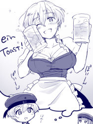 Rule 34 | 10s, 2girls, alcohol, beer, beer mug, breasts, cleavage, clothes writing, cup, dirndl, german clothes, hat, ikeshita moyuko, imagining, kantai collection, large breasts, monochrome, mug, multiple girls, aged up, sailor hat, short hair, smile, thought bubble, translation request, z1 leberecht maass (kancolle), z3 max schultz (kancolle)