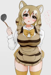 Rule 34 | 1girl, absurdres, animal ears, apron, blonde hair, blush, bow, bowtie, brown eyes, collared shirt, empty eyes, extra ears, hair between eyes, highres, holding, holding ladle, kemono friends, ladle, leaning forward, long sleeves, looking at viewer, multicolored hair, open mouth, shimosazami, shirt, short hair, striped apron, striped clothes, thighhighs, thylacine (kemono friends), translation request, white hair, white shirt