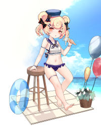 Rule 34 | 1girl, :o, absurdres, aged down, animal ears, arknights, balloon, bare legs, barefoot, beach, bear ears, bear girl, bikini, black bow, blonde hair, blue hat, blush, bow, breasts, food, gummy (arknights), gummy (summer flowers) (arknights), hair bow, hair ornament, hairclip, hat, highres, holding, holding food, holding ice cream, ice cream, innertube, kuroshiroemaki, looking at viewer, navel, official alternate costume, open mouth, outdoors, plant, potted plant, sailor bikini, sailor collar, short hair, skindentation, small breasts, solo, sunlight, swim ring, swimsuit, thigh strap, yellow eyes