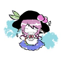 Rule 34 | 1girl, chibi, cosplay, closed eyes, fang, female focus, flat color, food, fruit, full body, hat, hinanawi tenshi, hinanawi tenshi (cosplay), mystia lorelei, okami (kami soubi), peach, pink hair, smile, solo, touhou, white background, wings