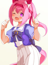 1girl, ;d, ame., animal ears, bangs, blue bow, blush, bow, commentary request, eyebrows visible through hair, flower-shaped pupils, hair between eyes, hands up, haru urara (umamusume), headband, highres, horse ears, horse girl, horse tail, index finger raised, long hair, looking at viewer, one eye closed, open mouth, pink hair, pleated skirt, ponytail, puffy short sleeves, puffy sleeves, purple shirt, red headband, sailor collar, school uniform, serafuku, shirt, short sleeves, simple background, skirt, smile, solo, tail, umamusume, very long hair, white background, white bow, white sailor collar, white skirt