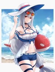 Rule 34 | 1girl, ahoge, allen.n, arknights, bare shoulders, belt, black choker, blue shorts, blue sky, choker, cloud, commentary request, cowboy shot, day, eyewear on head, hair between eyes, hand up, hat, highres, inflatable orca, inflatable toy, long hair, looking at viewer, low-tied long hair, navel, off-shoulder shirt, off shoulder, official alternate costume, partial commentary, red eyes, shirt, short shorts, short sleeves, shorts, silver hair, skadi (arknights), skadi (waverider) (arknights), sky, solo, standing, stomach, sun hat, sunglasses, thigh strap, thighs, very long hair, white belt, white hat, white shirt
