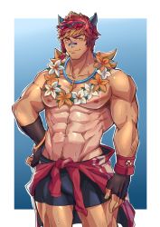 Rule 34 | 1boy, abs, absurdres, alternate skin color, animal ears, arm hair, aussummer, bandaid, bandaid on face, bandaid on nose, bara, bare pectorals, black male swimwear, blush, bulge, eyewear on head, feet out of frame, flower, flower necklace, highres, jewelry, large pectorals, league of legends, lifeguard, looking at viewer, male focus, male swimwear, muscular, muscular male, navel, navel hair, necklace, nipples, pectorals, red hair, sett (league of legends), short hair, smile, solo, stomach, swim briefs, tan, wet, whistle, whistle around neck, wolf ears