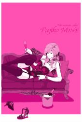 Rule 34 | 1girl, alcohol, champagne, finger on trigger, garter belt, gun, high heels, highres, jewelry, lingerie, long hair, lupin iii, mine fujiko, necklace, panties, pink background, pink theme, stiletto heels, thighhighs, tms entertainment, underwear, weapon