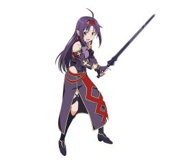 Rule 34 | 10s, 1girl, ahoge, armor, black gloves, black legwear, breastplate, fingerless gloves, full body, gloves, hair ribbon, highres, holding, holding sword, holding weapon, long hair, looking at viewer, official art, open mouth, pointy ears, purple armor, purple eyes, purple hair, red ribbon, ribbon, simple background, smile, solo, sword, sword art online, sword art online: code register, weapon, white background, yuuki (sao)