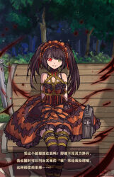 Rule 34 | 1girl, absurdres, arms behind back, bench, bound, bound arms, bound legs, brown hair, clock eyes, commentary request, date a live, dress, forest, frilled dress, frilled hairband, frills, garter straps, gothic lolita, grin, hairband, heterochromia, highres, lolita fashion, lolita hairband, looking at viewer, magic, nature, nero augustus, park bench, red eyes, sitting, smile, solo, symbol-shaped pupils, thighhighs, tokisaki kurumi, translation request, twintails, yellow eyes