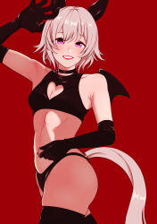 Rule 34 | 1girl, absurdres, alternate costume, animal ears, arm up, armpits, bare shoulders, black choker, black panties, black shirt, black thighhighs, blush, breasts, choker, cleavage cutout, clothing cutout, commentary request, cropped shirt, curren chan (umamusume), ear covers, elbow gloves, fake wings, gloves, grey hair, heart cutout, highres, horse ears, horse girl, horse tail, kumabachi315, lipstick, makeup, midriff, navel, navel piercing, panties, piercing, purple eyes, red background, red lips, shirt, short hair, simple background, sleeveless, sleeveless shirt, small breasts, smile, solo, tail, thighhighs, umamusume, underwear, wings