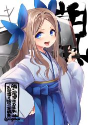 Rule 34 | 1girl, asakaze (kancolle), blue bow, blue eyes, blue hakama, bow, character name, commentary request, cowboy shot, forehead, furisode, gun, hair bow, hakama, hakama skirt, hand on own hip, japanese clothes, kantai collection, kimono, light brown hair, long hair, looking at viewer, meiji schoolgirl uniform, n:go, one-hour drawing challenge, open mouth, parted bangs, round teeth, sidelocks, simple background, skirt, smile, solo, teeth, twitter username, upper teeth only, wavy hair, weapon, white background, white kimono