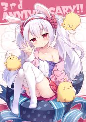 Rule 34 | 1girl, animal, animal ears, anniversary, azur lane, baku-p, bird, blush, box, camisole, chick, collarbone, commentary request, fake animal ears, gift, gift box, hair between eyes, hairband, hand up, highres, jacket, knees up, laffey (azur lane), long hair, long sleeves, looking at viewer, manjuu (azur lane), no shoes, off shoulder, open clothes, open jacket, panties, parted lips, pink jacket, pleated skirt, rabbit ears, red eyes, red hairband, red skirt, silver hair, sitting, skirt, solo, strap slip, striped clothes, striped panties, thighhighs, twintails, underwear, very long hair, w, white camisole, white thighhighs
