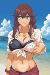 Rule 34 | 1girl, beach, bikini, black bikini, blue sky, braid, breasts, brown hair, brown scrunchie, cleavage, cloud, collarbone, commentary request, cowboy shot, day, green eyes, highres, kantai collection, large breasts, looking at viewer, noshiro (kancolle), outdoors, red sarong, sarong, scrunchie, shirt, sky, solo, sozan, swept bangs, swimsuit, tan, tied shirt, twin braids, wrist scrunchie