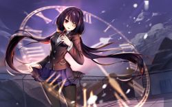 Rule 34 | 1girl, 300 heroes, artist request, black hair, blazer, breasts, clock eyes, date a live, heterochromia, jacket, long hair, looking at viewer, low twintails, medium breasts, open mouth, pantyhose, red eyes, roman numeral, school uniform, shirt, skirt, smile, solo, symbol-shaped pupils, tokisaki kurumi, twintails, white shirt, yellow eyes