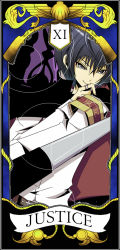 Rule 34 | 1boy, armband, artist request, hibari kyouya, justice, katekyo hitman reborn!, looking at viewer, male focus, solo, source request, tagme, tarot, tarot card, the justice, weapon