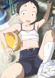Rule 34 | 1girl, ajitsuke nori (nijie895794), ball, baseball, black hair, child, clothes lift, collarbone, dirty, flat chest, from above, highres, jump rope, knee up, looking at viewer, lying, navel, on back, open mouth, original, shirt, shirt lift, shoe soles, shoes, short hair, shorts, socks, solo, teeth, tomboy, upper teeth only, white socks