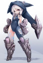 Rule 34 | 10s, 1girl, :o, animal hood, armor, armored boots, arms at sides, asymmetrical clothes, bare shoulders, between breasts, bodypaint, bodysuit, boots, breasts, chain chronicle, clenched hands, covered navel, eyelashes, full body, gauntlets, gluteal fold, gorget, hair between eyes, hair over eyes, hair ribbon, highleg, highres, hood, karukan (monjya), legs apart, looking at viewer, red eyes, ribbon, shadow, sidelocks, sleeveless, small breasts, solo, standing, tattoo, tress ribbon, yuni (chain chronicle)