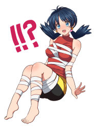 Rule 34 | !?, 1girl, bare shoulders, barefoot, bike shorts, blue eyes, blue hair, blush, bound, breasts, creatures (company), earrings, entangled, feet, full body, game freak, hair tie, highres, invisible chair, jewelry, kris (pokemon), long hair, medium breasts, mokorei, nintendo, open mouth, pokemon, pokemon adventures, red shirt, shirt, shorts, simple background, sitting, skindentation, sleeveless, sleeveless shirt, solo, star (symbol), star earrings, sweatdrop, tears, teeth, turtleneck, twintails, white background, yellow shorts
