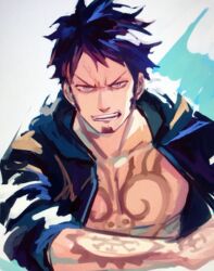 Rule 34 | 1boy, aokamei, arm tattoo, bare pectorals, black coat, black hair, coat, facial hair, goatee, grey eyes, highres, long sideburns, male focus, one piece, open clothes, open coat, pectorals, resized, short hair, sideburns, solo, tattoo, teeth, trafalgar law, upscaled