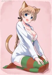 Rule 34 | 1girl, absurdres, ahoge, animal ears, blue eyes, blush, bra, braid, braided ponytail, breasts, brown hair, cat ears, cat tail, cleavage, hair ribbon, highres, hiroshi (hunter-of-kct), large breasts, long hair, looking at viewer, lynette bishop, open mouth, pink background, ponytail, ribbon, shirt, simple background, sitting, smile, solo, strike witches, striped clothes, striped thighhighs, tail, thighhighs, underwear, white bra, white shirt, world witches series