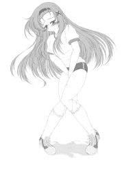 Rule 34 | 1girl, between legs, blush, breasts, buruma, embarrassed, female focus, full body, glasses, greyscale, gym uniform, hair ornament, half-closed eyes, hand between legs, have to pee, headband, highres, kishima tower, kneehighs, knees together feet apart, long hair, medium breasts, monochrome, original, own hands together, peeing, peeing self, pigeon-toed, puddle, revision, shirt, shoes, short sleeves, simple background, socks, solo, standing, steam, sweat, tears, v arms, white background, x hair ornament