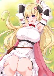 Rule 34 | 1girl, :d, absurdres, ahoge, animal ears, armpits, arms up, blonde hair, blush, bow, bowtie, breasts, cape, cromwellb, curled horns, detached sleeves, dress, fur-trimmed dress, fur collar, fur trim, hair between eyes, hair ornament, hairclip, highres, hololive, horns, knees together feet apart, large breasts, legs together, long hair, looking at viewer, lying, on back, on grass, open mouth, outdoors, pink cape, pouch, purple eyes, red bow, red bowtie, sheep girl, sheep horns, sleeveless, sleeveless dress, smile, solo, tsunomaki watame, tsunomaki watame (1st costume), virtual youtuber