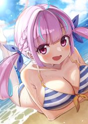 Rule 34 | 1girl, ahoge, beach, bikini, blue hair, blush, braid, breasts, collarbone, highres, hololive, large breasts, long hair, looking at viewer, lying, madai (mappy), minato aqua, minato aqua (hololive summer 2019), multicolored hair, ocean, on stomach, open mouth, purple eyes, purple hair, sky, smile, solo, striped bikini, striped clothes, swimsuit, twintails, two-tone hair, virtual youtuber