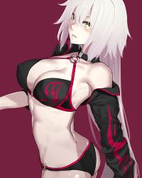 Rule 34 | 1girl, ass, back, bare shoulders, bikini, black bikini, blush, breasts, butt crack, choker, cleavage, covered erect nipples, fate/grand order, fate (series), i-pan, japanese clothes, jeanne d&#039;arc alter (swimsuit berserker) (fate), jeanne d&#039;arc (fate), jeanne d&#039;arc alter (fate), jeanne d&#039;arc alter (swimsuit berserker) (fate), large breasts, long hair, off shoulder, purple background, shrug (clothing), simple background, solo, standing, swimsuit, white hair, yellow eyes