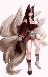 Rule 34 | 1girl, ahri (league of legends), animal ears, bad id, bad pixiv id, bare shoulders, bell, black hair, braid, breasts, cleavage, detached sleeves, facial mark, fox ears, fox tail, korean clothes, league of legends, long hair, looking at viewer, mamushi, medium breasts, multiple tails, smile, solo, tail, very long hair, whisker markings, white background, yellow eyes