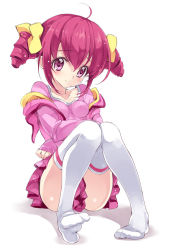 Rule 34 | 10s, 1girl, ahoge, bad id, bad pixiv id, blush, breasts, casual, clothes between thighs, collarbone, drill hair, full body, hood, hoodie, hoshizora miyuki, open clothes, open hoodie, pink eyes, pink hair, precure, sitting, skirt, smile precure!, solo, thighhighs, twin drills, twintails, white background, white thighhighs, yukiwo