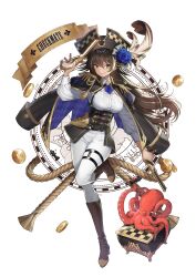 Rule 34 | 1girl, black coat, black corset, blue flower, blue rose, boots, breasts, brown footwear, brown hair, coat, coat on shoulders, coin, collared shirt, corset, dual wielding, epaulettes, flower, green eyes, gun, hat, hat feather, hat flower, highres, holding, holding chess piece, large breasts, long hair, nurumi p, octopus, original, pants, pirate, pirate hat, rope, rose, shirt, weapon, white pants, white shirt