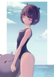 Rule 34 | 1girl, absurdres, arm support, ball, bare arms, bare shoulders, beachball, black hair, blue eyes, blue one-piece swimsuit, blunt bangs, bob cut, character ball, closed mouth, cowboy shot, flat chest, from side, highres, holding, holding ball, holding beachball, hololive, hololive english, looking at viewer, meiyan (boyimachao), mole, mole under eye, narrow waist, ninomae ina&#039;nis, ocean, official alternate hair length, official alternate hairstyle, one-piece swimsuit, paid reward available, petite, pointy ears, solo, swimsuit, takodachi (ninomae ina&#039;nis), thick thighs, thighs, virtual youtuber, wide hips