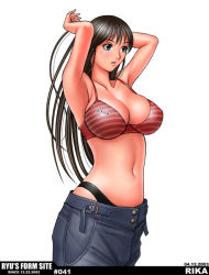 Rule 34 | 1girl, armpits, arms up, bare shoulders, black hair, bra, breasts, curvy, large breasts, lingerie, long hair, panties, ryu (ryu&#039;s form site), solo, striped, thong, underwear