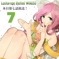 Rule 34 | 10s, 1girl, bare shoulders, breasts, copyright name, dress, episode number, green dress, green eyes, highres, hitoto, large breasts, lostorage wixoss, mama (wixoss), pink hair, release date, smile, solo, v, wixoss
