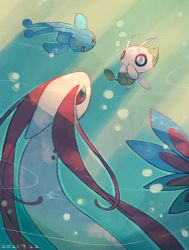 Rule 34 | air bubble, blue eyes, bright pupils, bubble, celebi, commentary request, creatures (company), dated, game freak, gen 2 pokemon, gen 3 pokemon, gen 4 pokemon, hands up, highres, leels, legendary pokemon, manaphy, milotic, mythical pokemon, nintendo, no humans, pokemon, pokemon (creature), underwater, white pupils