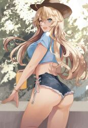 Rule 34 | 1girl, ahoge, ass, blonde hair, blue eyes, blue shirt, blue shorts, blush, breasts, brown hat, can, commentary request, cowboy hat, crop top, denim, denim shorts, hair between eyes, hat, highres, holding, holding can, iowa (kancolle), kantai collection, kasumi (skchkko), large breasts, long hair, looking at viewer, looking back, micro shorts, one eye closed, open mouth, shirt, short shorts, short sleeves, shorts, smile, solo, star-shaped pupils, star (symbol), symbol-shaped pupils, teeth, underbutt, upper teeth only