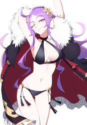 Rule 34 | 1girl, absurdres, bikini, bikini under clothes, black bikini, breasts, fate/grand order, fate (series), forehead, highres, house tag denim, large breasts, long hair, looking at viewer, parted bangs, purple eyes, purple hair, sidelocks, smile, solo, swimsuit, thighs, very long hair, wu zetian (fate), wu zetian (swimsuit caster) (fate), wu zetian (swimsuit caster) (third ascension) (fate)