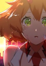 Rule 34 | 1girl, collarbone, crying, crying with eyes open, detached collar, freyja wion, green eyes, hair between eyes, hair ornament, highres, macross, macross delta, medium hair, necktie, open mouth, orange hair, portrait, pote-mm, red necktie, sleeveless, solo, tears