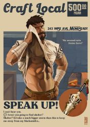 Rule 34 | 1boy, abs, bandaged arm, bandages, bara, beard, belt, black hair, black pants, blacksmith, brown belt, closed mouth, clothes lift, english text, facial hair, genshin impact, highres, large pectorals, lifted by self, male focus, manly, muscular, muscular male, navel, nipples, one eye closed, pants, pectorals, shirt, shirt lift, short hair, skyler, solo, sword, wagner (genshin impact), weapon, white shirt