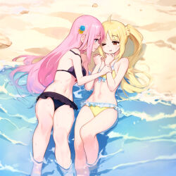 Rule 34 | &gt; o, 2girls, ahoge, ai-assisted, arm grab, bare legs, barefoot, beach, bikini, black bikini, blonde hair, blush, bocchi the rock!, breasts, clenched hands, closed mouth, commentary, cube hair ornament, curvy, eyes visible through hair, feet out of frame, flirting, frilled bikini, frills, front-tie bikini top, front-tie top, frown, furrowed brow, gotoh hitori, hair ornament, hair over shoulder, hair spread out, halterneck, hands up, highres, ijichi nijika, kadohusa ginpo, knee up, knees together feet apart, large breasts, long hair, looking at another, lying, midriff, multiple girls, navel, ocean, off shoulder, on back, one eye closed, one side up, open mouth, outdoors, parted bangs, pink hair, profile, red ribbon, ribbon, shiny skin, side-by-side, side ponytail, sidelocks, small breasts, smile, soaking feet, stomach, swimsuit, very long hair, waves, wet, wet hair, white ribbon, yellow bikini, yuri