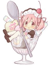 Rule 34 | 1girl, absurdres, alternate costume, blush, boots, cherry, cup, eyes visible through hair, food, fruit, h om, highres, in container, in cup, kaname madoka, mahou shoujo madoka magica, mahou shoujo madoka magica (anime), maid, maid headdress, pink eyes, pink hair, ribbon, short twintails, smile, solo, spoon, thighhighs, twintails, zettai ryouiki