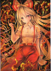 Rule 34 | 1girl, acrylic paint (medium), colored pencil (medium), dated, fire, fire, floating hair, fujiwara no mokou, hair ribbon, head tilt, index finger raised, light particles, long hair, looking at viewer, mosho, painting (medium), red eyes, ribbon, scan, scan artifacts, signature, smile, solo, suspenders, touhou, traditional media, watercolor (medium), white hair