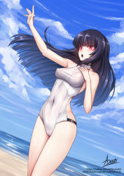 Rule 34 | 1girl, :o, adsouto, artist name, bare arms, black hair, blue sky, blunt bangs, breasts, casual one-piece swimsuit, cloud, collarbone, covered erect nipples, covered navel, day, dutch angle, genshin impact, highres, long hair, medium breasts, ocean, one-piece swimsuit, open mouth, outdoors, red eyes, signature, sky, solo, standing, straight hair, summer, swimsuit, very long hair, watermark, web address, white one-piece swimsuit, yun jin (genshin impact)