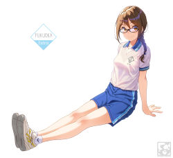 Rule 34 | 1girl, artist logo, artist name, bare legs, black-framed eyewear, blue shorts, blush, braid, bralines, breasts, brown eyes, brown hair, closed mouth, collared shirt, commentary request, full body, glasses, gym shirt, gym shorts, gym uniform, hair ornament, hairclip, long hair, original, pairan, shirt, shoes, short sleeves, shorts, single braid, sitting, small breasts, smile, sneakers, socks, solo, white footwear, white shirt, white socks